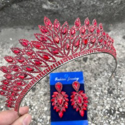 Alexa Kırmızı Gelin Kına Tacı Özel Gün Aksesuar Kadın Taç Ve İnce Mekik Küpe Takımı-ALEXA-7