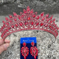 Alexa Kırmızı Gelin Kına Tacı Özel Gün Aksesuar Kadın Taç Ve İnce Mekik Küpe Takımı-ALEXA-7