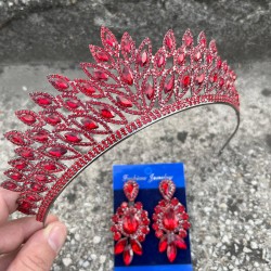 Alexa Kırmızı Gelin Kına Tacı Özel Gün Aksesuar Kadın Taç Ve Üç Mekik Küpe Takımı-ALEXA-8