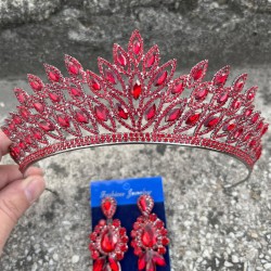 Alexa Kırmızı Gelin Kına Tacı Özel Gün Aksesuar Kadın Taç Ve Üç Mekik Küpe Takımı-ALEXA-8