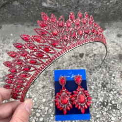 Alexa Kırmızı Gelin Kına Tacı Özel Gün Aksesuar Kadın Taç Ve Geniş Mekik Küpe Takımı-ALEXA-9