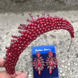 Alyce Bordo Gelin Kına Tacı Özel Gün Aksesuar Kadın Taç Ve İnce Mekik Küpe Takımı-ALYCE-10