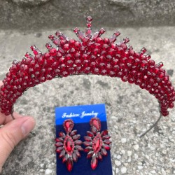 Alyce Bordo Gelin Kına Tacı Özel Gün Aksesuar Kadın Taç Ve İnce Mekik Küpe Takımı-ALYCE-10