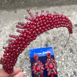 Alyce Bordo Gelin Kına Tacı Özel Gün Aksesuar Kadın Taç Ve Üç Mekik Küpe Takımı-ALYCE-11