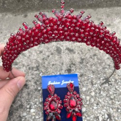 Alyce Bordo Gelin Kına Tacı Özel Gün Aksesuar Kadın Taç Ve Üç Mekik Küpe Takımı-ALYCE-11