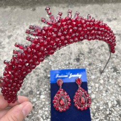 Alyce Bordo Gelin Kına Tacı Özel Gün Aksesuar Kadın Taç Ve Damla Mekik Küpe Takımı-ALYCE-12