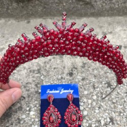 Alyce Bordo Gelin Kına Tacı Özel Gün Aksesuar Kadın Taç Ve Damla Mekik Küpe Takımı-ALYCE-12