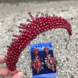 Alyce Bordo Gelin Kına Tacı Özel Gün Aksesuar Kadın Taç Ve Geniş Mekik Küpe Takımı-ALYCE-13