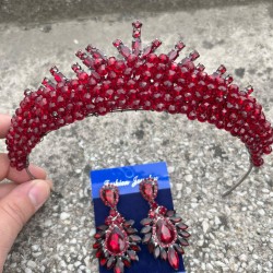 Alyce Bordo Gelin Kına Tacı Özel Gün Aksesuar Kadın Taç Ve Geniş Mekik Küpe Takımı-ALYCE-13