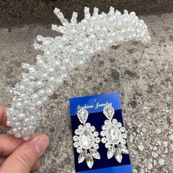 Alyce Krem İncili Gelin Kına Tacı Özel Gün Aksesuar Kadın Taç Ve Üç Mekik Küpe Takımı-ALYCE-18 Alyce Krem İncili Gelin Kına Tacı Özel Gün Aksesuar Kadın Taç Ve Üç Mekik Küpe Takımı-ALYCE-18