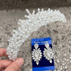 Alyce Krem İncili Gelin Kına Tacı Özel Gün Aksesuar Kadın Taç Ve İnce Mekik Küpe Takımı-ALYCE-19 Alyce Krem İncili Gelin Kına Tacı Özel Gün Aksesuar Kadın Taç Ve İnce Mekik Küpe Takımı-ALYCE-19