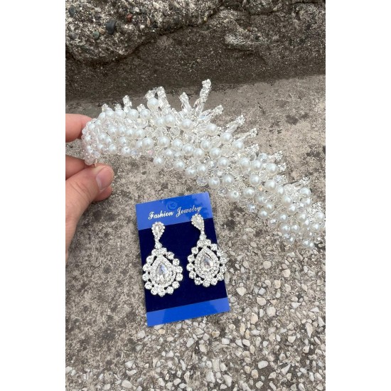 Alyce Krem İncili Gelin Kına Tacı Özel Gün Aksesuar Kadın Taç Ve Damla Mekik Küpe Takımı-ALYCE-20 Alyce Krem İncili Gelin Kına Tacı Özel Gün Aksesuar Kadın Taç Ve Damla Mekik Küpe Takımı-ALYCE-20