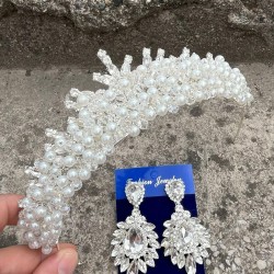 Alyce Krem İncili Gelin Kına Tacı Özel Gün Aksesuar Kadın Taç Ve Geniş Mekik Küpe Takımı-ALYCE-21 Alyce Krem İncili Gelin Kına Tacı Özel Gün Aksesuar Kadın Taç Ve Geniş Mekik Küpe Takımı-ALYCE-21