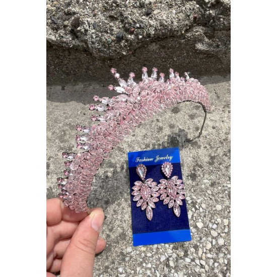 Alyce Pembe Gelin Kına Tacı Özel Gün Aksesuar Kadın Taç Ve İnce Mekik Küpe Takımı-ALYCE-23 Alyce Pembe Gelin Kına Tacı Özel Gün Aksesuar Kadın Taç Ve İnce Mekik Küpe Takımı-ALYCE-23