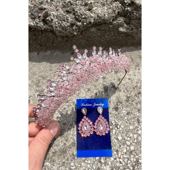 Alyce Pembe Gelin Kına Tacı Özel Gün Aksesuar Kadın Taç Ve Damla Mekik Küpe Takımı-ALYCE-24 Alyce Pembe Gelin Kına Tacı Özel Gün Aksesuar Kadın Taç Ve Damla Mekik Küpe Takımı-ALYCE-24