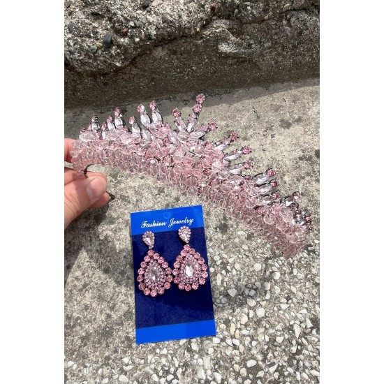 Alyce Pembe Gelin Kına Tacı Özel Gün Aksesuar Kadın Taç Ve Damla Mekik Küpe Takımı-ALYCE-24 Alyce Pembe Gelin Kına Tacı Özel Gün Aksesuar Kadın Taç Ve Damla Mekik Küpe Takımı-ALYCE-24