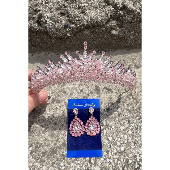 Alyce Pembe Gelin Kına Tacı Özel Gün Aksesuar Kadın Taç Ve Damla Mekik Küpe Takımı-ALYCE-24 Alyce Pembe Gelin Kına Tacı Özel Gün Aksesuar Kadın Taç Ve Damla Mekik Küpe Takımı-ALYCE-24
