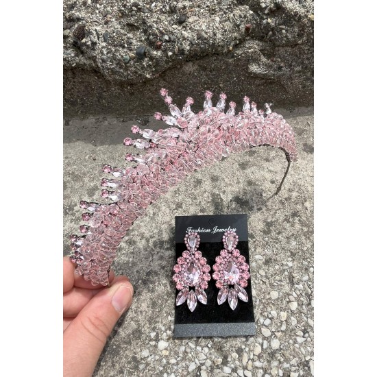 Alyce Pembe Gelin Kına Tacı Özel Gün Aksesuar Kadın Taç Ve Üç Mekik Küpe Takımı-ALYCE-25 Alyce Pembe Gelin Kına Tacı Özel Gün Aksesuar Kadın Taç Ve Üç Mekik Küpe Takımı-ALYCE-25