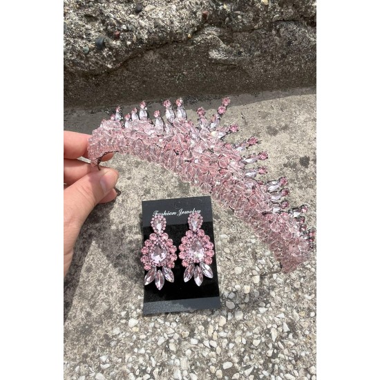 Alyce Pembe Gelin Kına Tacı Özel Gün Aksesuar Kadın Taç Ve Üç Mekik Küpe Takımı-ALYCE-25 Alyce Pembe Gelin Kına Tacı Özel Gün Aksesuar Kadın Taç Ve Üç Mekik Küpe Takımı-ALYCE-25