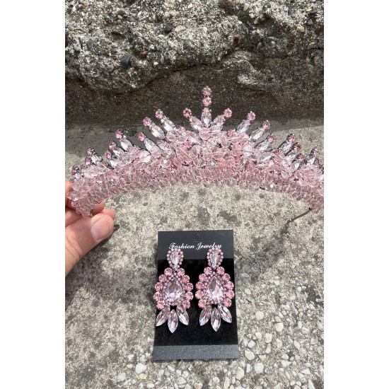 Alyce Pembe Gelin Kına Tacı Özel Gün Aksesuar Kadın Taç Ve Üç Mekik Küpe Takımı-ALYCE-25 Alyce Pembe Gelin Kına Tacı Özel Gün Aksesuar Kadın Taç Ve Üç Mekik Küpe Takımı-ALYCE-25