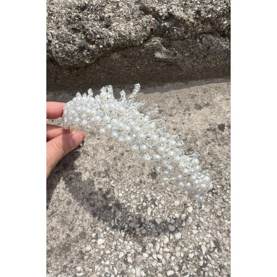Alyce Krem İncili Gelin Kına Tacı Özel Gün Aksesuar Kadın Taç Saç Aksesuarı-ALYCE-3