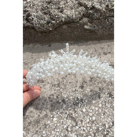 Alyce Krem İncili Gelin Kına Tacı Özel Gün Aksesuar Kadın Taç Saç Aksesuarı-ALYCE-3