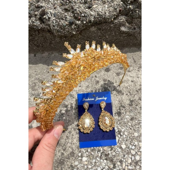 Alyce Gold Gelin Kına Tacı Özel Gün Aksesuar Kadın Taç Ve Damla Mekik Küpe Takımı-ALYCE-30 Alyce Gold Gelin Kına Tacı Özel Gün Aksesuar Kadın Taç Ve Damla Mekik Küpe Takımı-ALYCE-30