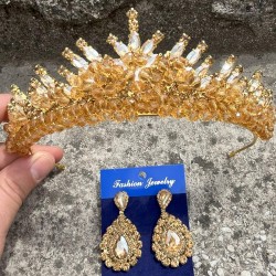 Alyce Gold Gelin Kına Tacı Özel Gün Aksesuar Kadın Taç Ve Damla Mekik Küpe Takımı-ALYCE-30