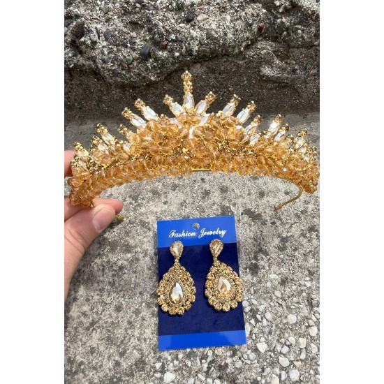 Alyce Gold Gelin Kına Tacı Özel Gün Aksesuar Kadın Taç Ve Damla Mekik Küpe Takımı-ALYCE-30 Alyce Gold Gelin Kına Tacı Özel Gün Aksesuar Kadın Taç Ve Damla Mekik Küpe Takımı-ALYCE-30