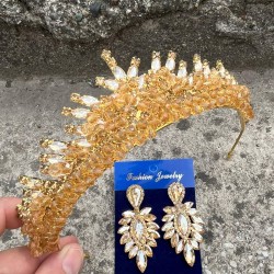 Alyce Gold Gelin Kına Tacı Özel Gün Aksesuar Kadın Taç Ve İnce Mekik Küpe Takımı-ALYCE-31