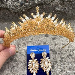 Alyce Gold Gelin Kına Tacı Özel Gün Aksesuar Kadın Taç Ve İnce Mekik Küpe Takımı-ALYCE-31