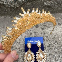 Alyce Gold Gelin Kına Tacı Özel Gün Aksesuar Kadın Taç Ve Geniş Mekik Küpe Takımı-ALYCE-32