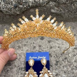 Alyce Gold Gelin Kına Tacı Özel Gün Aksesuar Kadın Taç Ve Geniş Mekik Küpe Takımı-ALYCE-32