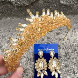 Alyce Gold Gelin Kına Tacı Özel Gün Aksesuar Kadın Taç Ve Üç Mekik Küpe Takımı-ALYCE-33