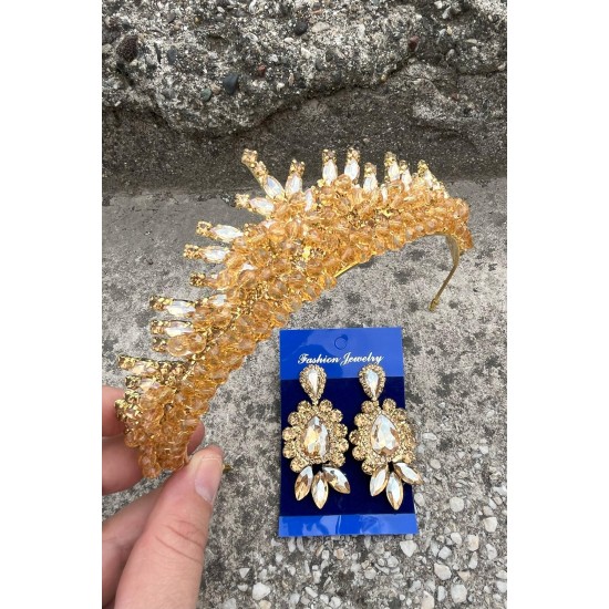 Alyce Gold Gelin Kına Tacı Özel Gün Aksesuar Kadın Taç Ve Üç Mekik Küpe Takımı-ALYCE-33 Alyce Gold Gelin Kına Tacı Özel Gün Aksesuar Kadın Taç Ve Üç Mekik Küpe Takımı-ALYCE-33