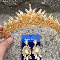 Alyce Gold Gelin Kına Tacı Özel Gün Aksesuar Kadın Taç Ve Üç Mekik Küpe Takımı-ALYCE-33