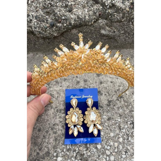 Alyce Gold Gelin Kına Tacı Özel Gün Aksesuar Kadın Taç Ve Üç Mekik Küpe Takımı-ALYCE-33 Alyce Gold Gelin Kına Tacı Özel Gün Aksesuar Kadın Taç Ve Üç Mekik Küpe Takımı-ALYCE-33