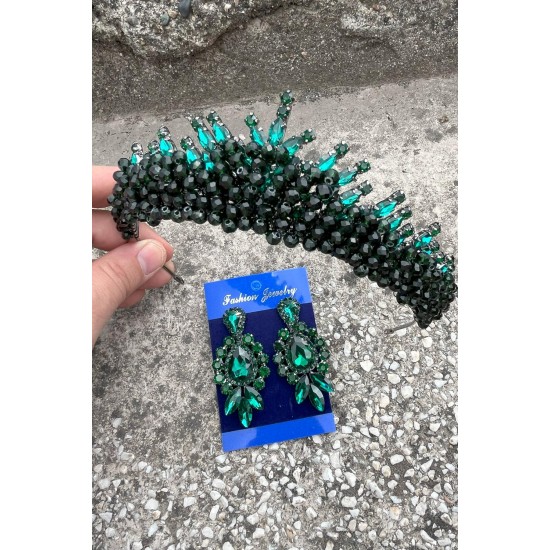 Alyce Yeşil Gelin Kına Tacı Özel Gün Aksesuar Kadın Taç Ve Üç Mekik Küpe Takımı-ALYCE-34 Alyce Yeşil Gelin Kına Tacı Özel Gün Aksesuar Kadın Taç Ve Üç Mekik Küpe Takımı-ALYCE-34