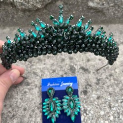 Alyce Yeşil Gelin Kına Tacı Özel Gün Aksesuar Kadın Taç Ve İnce Mekik Küpe Takımı-ALYCE-37 Alyce Yeşil Gelin Kına Tacı Özel Gün Aksesuar Kadın Taç Ve İnce Mekik Küpe Takımı-ALYCE-37