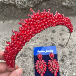 Alyce Kırmızı Gelin Kına Tacı Özel Gün Aksesuar Kadın Taç Ve İnce Mekik Küpe Takımı-ALYCE-38 Alyce Kırmızı Gelin Kına Tacı Özel Gün Aksesuar Kadın Taç Ve İnce Mekik Küpe Takımı-ALYCE-38