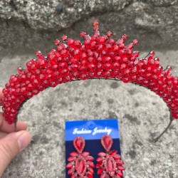 Alyce Kırmızı Gelin Kına Tacı Özel Gün Aksesuar Kadın Taç Ve İnce Mekik Küpe Takımı-ALYCE-38 Alyce Kırmızı Gelin Kına Tacı Özel Gün Aksesuar Kadın Taç Ve İnce Mekik Küpe Takımı-ALYCE-38