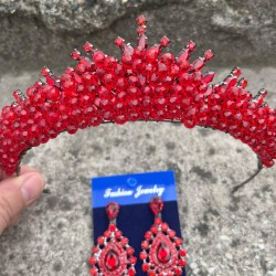 Alyce Kırmızı Gelin Kına Tacı Özel Gün Aksesuar Kadın Taç Ve Damla Mekik Küpe Takımı-ALYCE-39 Alyce Kırmızı Gelin Kına Tacı Özel Gün Aksesuar Kadın Taç Ve Damla Mekik Küpe Takımı-ALYCE-39