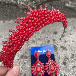 Alyce Kırmızı Gelin Kına Tacı Özel Gün Aksesuar Kadın Taç Ve Geniş Mekik Küpe Takımı-ALYCE-40 Alyce Kırmızı Gelin Kına Tacı Özel Gün Aksesuar Kadın Taç Ve Geniş Mekik Küpe Takımı-ALYCE-40