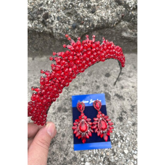 Alyce Kırmızı Gelin Kına Tacı Özel Gün Aksesuar Kadın Taç Ve Geniş Mekik Küpe Takımı-ALYCE-40 Alyce Kırmızı Gelin Kına Tacı Özel Gün Aksesuar Kadın Taç Ve Geniş Mekik Küpe Takımı-ALYCE-40