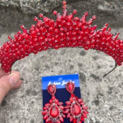 Alyce Kırmızı Gelin Kına Tacı Özel Gün Aksesuar Kadın Taç Ve Geniş Mekik Küpe Takımı-ALYCE-40 Alyce Kırmızı Gelin Kına Tacı Özel Gün Aksesuar Kadın Taç Ve Geniş Mekik Küpe Takımı-ALYCE-40