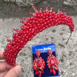 Alyce Kırmızı Gelin Kına Tacı Özel Gün Aksesuar Kadın Taç Ve Üç Mekik Küpe Takımı-ALYCE-41 Alyce Kırmızı Gelin Kına Tacı Özel Gün Aksesuar Kadın Taç Ve Üç Mekik Küpe Takımı-ALYCE-41