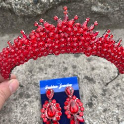 Alyce Kırmızı Gelin Kına Tacı Özel Gün Aksesuar Kadın Taç Ve Üç Mekik Küpe Takımı-ALYCE-41 Alyce Kırmızı Gelin Kına Tacı Özel Gün Aksesuar Kadın Taç Ve Üç Mekik Küpe Takımı-ALYCE-41