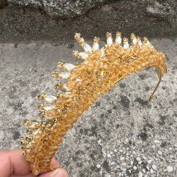 Alyce Gold Gelin Kına Tacı Özel Gün Aksesuar Kadın Taç Saç Aksesuarı-ALYCE-6