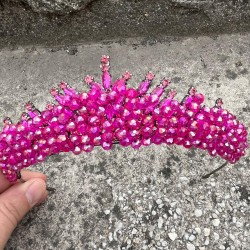 Alyce Fuşya Gelin Kına Tacı Özel Gün Aksesuar Kadın Taç Saç Aksesuarı-ALYCE-7