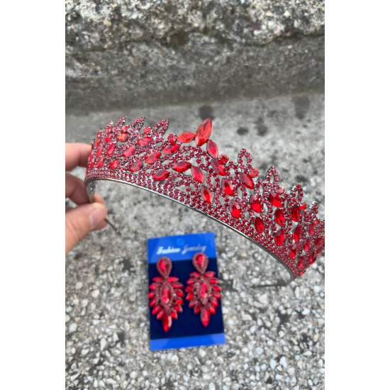 Amara Kırmızı Taç ve İnce Mekik Küpe Takımı – Işıltılı Abiye Gelin Seti-AMARA-8 Amara Kırmızı Taç ve İnce Mekik Küpe Takımı – Işıltılı Abiye Gelin Seti-AMARA-8